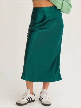Double Zero Teal Satin Midi Slip Skirt